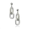 These earrings are 2 centimetres in length by about 0.9 centimetres wide. The are silver and appear like two links of a chain, with the top link featuring swarovski crystals all over the faces. The bottom link is more plain silver and hangs at the lowest point of the earrings.