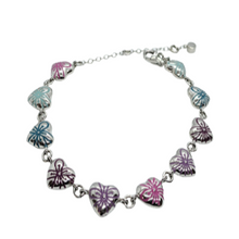  The eternal heart bracelet features all of the colours from our eternal hearts range. Including the light blue, dark blue, purple and pink. The colours following in sequence from pink to light blue to blue to purple.