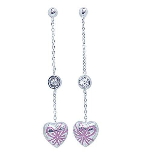 The heart drop earrings hang at about 4.5 centimetres and are suspended on a small chain which features a swarovski crystal stud half way down. At the bottom of the chains are the heart pendants which are all silver with a small flower head print in the chosen colour.