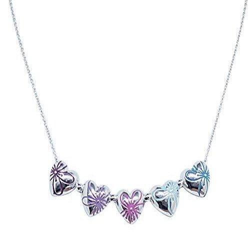 This necklace has 5 hearts each a different colour. From the observers left, the colours read dark purple, purple, pink, light blue, blue. The hearts are majority silver, the colours features draw a flower head over the hearts.