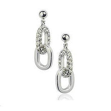  These earrings are 2 centimetres in length by about 0.9 centimetres wide. The are silver and appear like two links of a chain, with the top link featuring swarovski crystals all over the faces. The bottom link is more plain silver and hangs at the lowest point of the earrings.