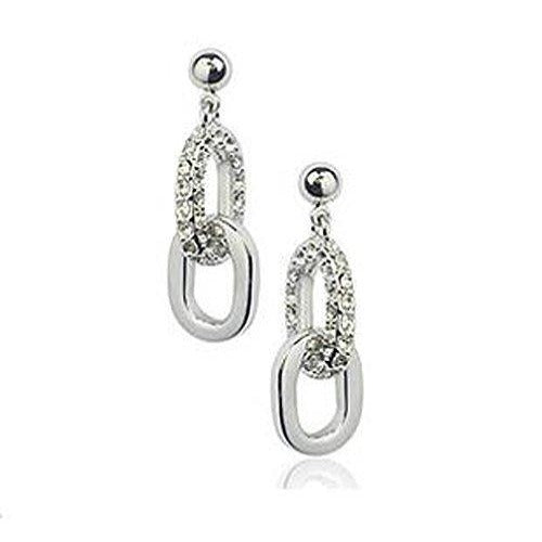 These earrings are 2 centimetres in length by about 0.9 centimetres wide. The are silver and appear like two links of a chain, with the top link featuring swarovski crystals all over the faces. The bottom link is more plain silver and hangs at the lowest point of the earrings.