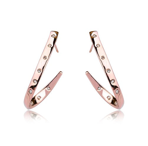 These loop earrings are rose gold and feature small swarovski crystal studs along the metal. They do not complete a full loop, as they descend they begin to sloop away from the head, then tail back in to almost point back at the beginning of the earrings.