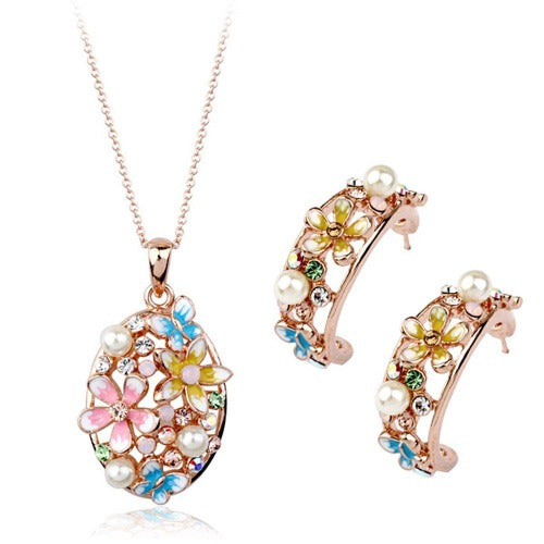 Enamel Flower Delicate Earrings and Necklace Set